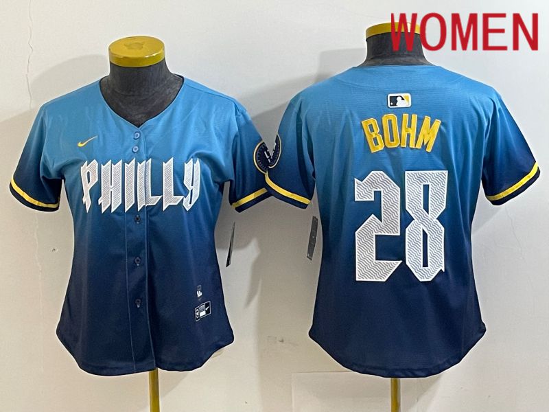 Women Philadelphia Phillies 28 Bohm Blue City Edition Nike 2024 MLB Jersey style 1